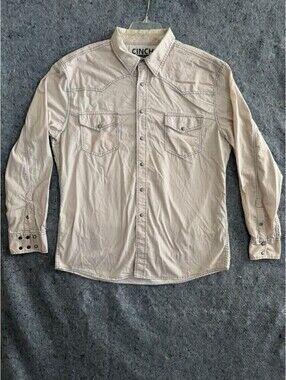 Cinch XL Modern Fit Western Pearl Snap Shirt Cream Tan Microprint Rodeo Cowboy